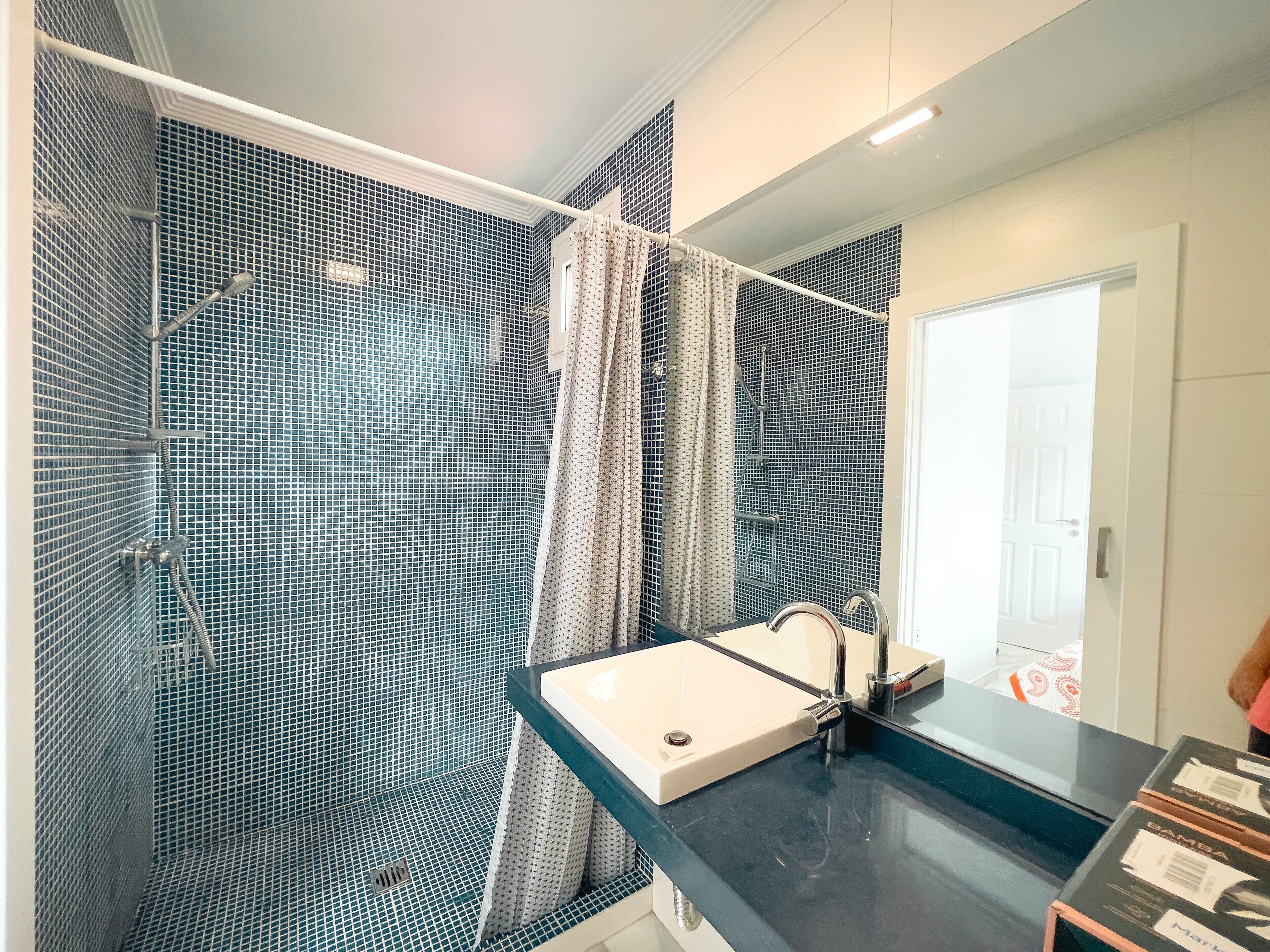 Shower, hair dryer, towels