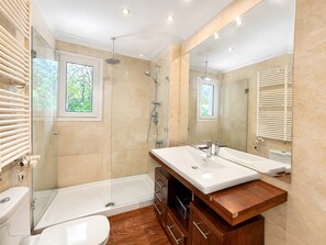 Shower, hair dryer, towels