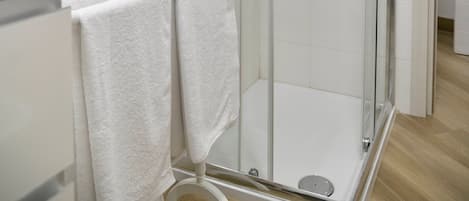 Shower, free toiletries, hair dryer, towels