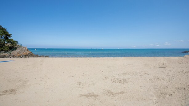 Une plage avec un ciel dégagé, une mer calme et une végétation clairsemée.