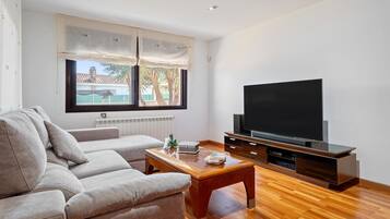 Een televisie en een open haard