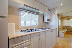 Fridge, microwave, stovetop, coffee/tea maker