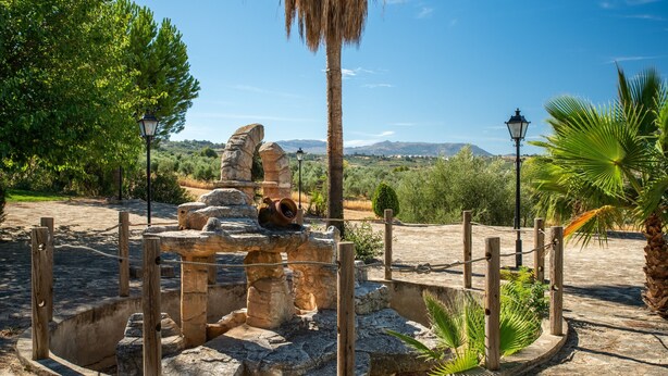 A stone fountain with a wooden fence, surrounded by palm trees and a clear sky.