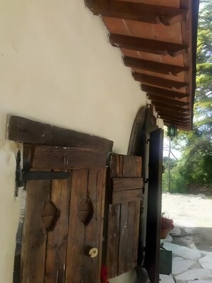 A rustic wooden door with a simple latch, a concrete wall, and a partial view of a green landscape outside.