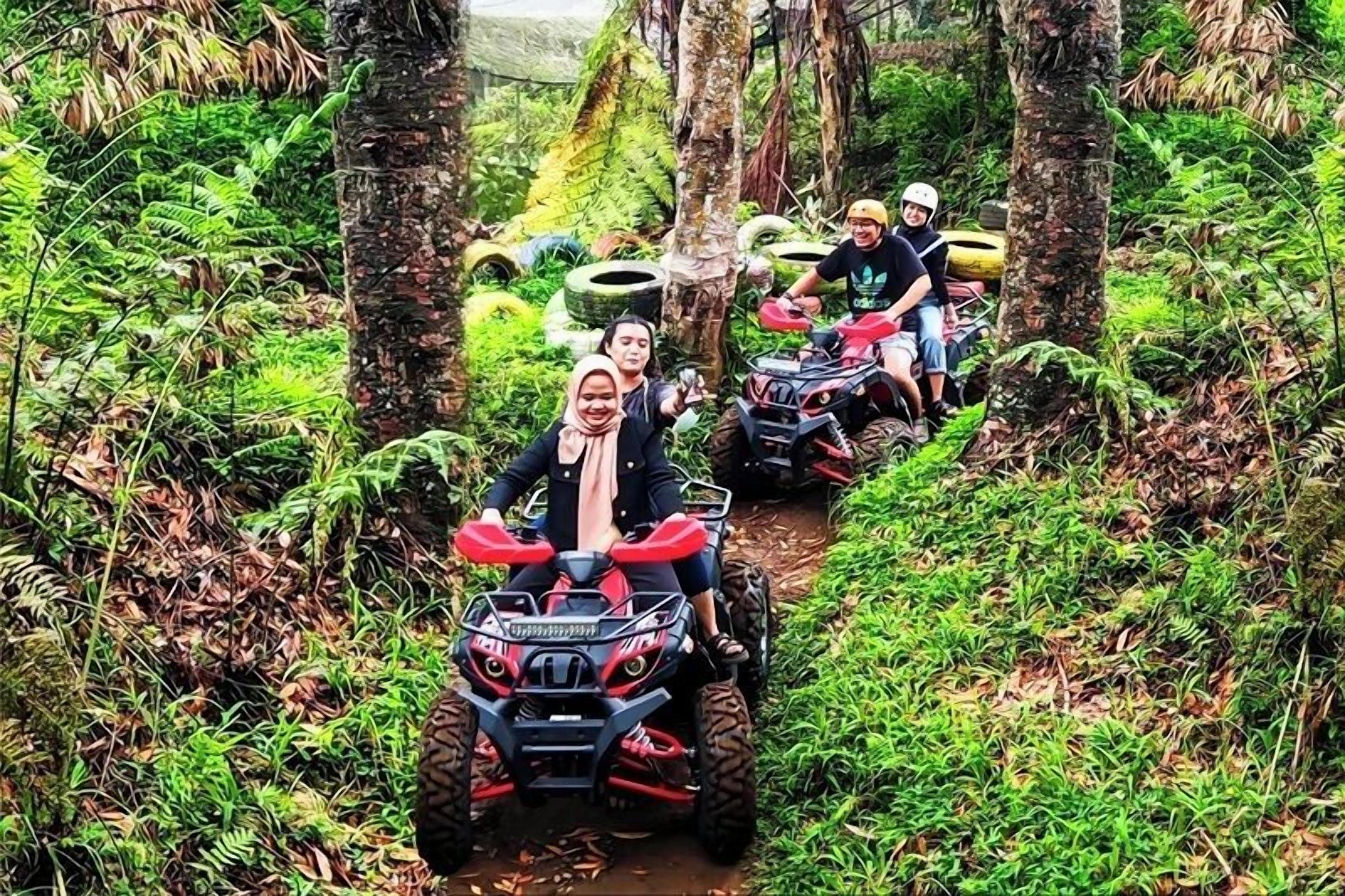 A group of people on ATVs in a forested area.