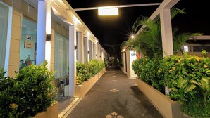Un couloir avec un chemin bordé de jardinières et éclairé par des lampes suspendues, menant à l’entrée d’un bâtiment.