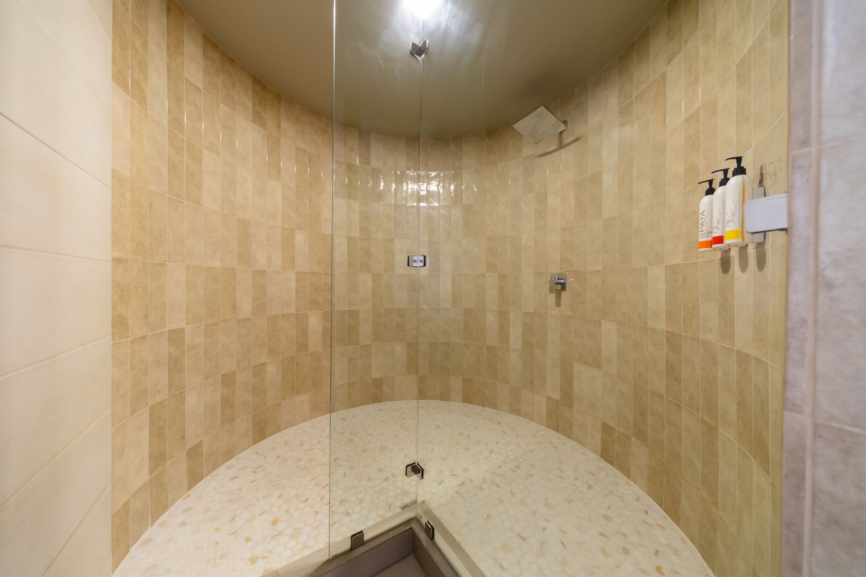 Une douche moderne avec des carreaux de couleur beige, une porte en verre et un panneau de commande.