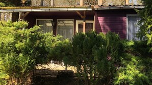 Een chalet met een schuin dak, omgeven door dichte altijdgroene bomen en hoge dennen.