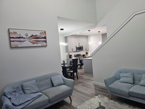 Smart TV, fireplace, books