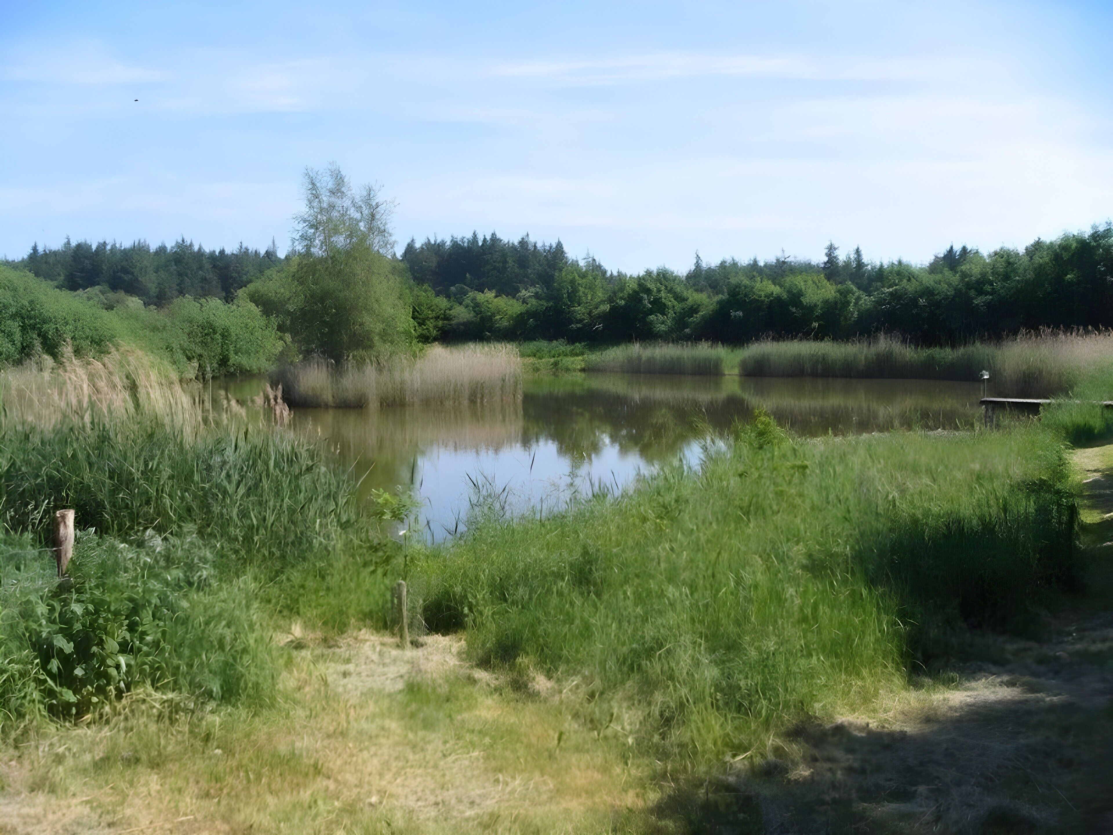 Eine natürliche Landschaft mit Teich, üppiger Vegetation und blauem Himmel.