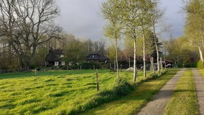 Een landelijk landschap met een verhard pad, grasvelden en huizen met schuine daken.