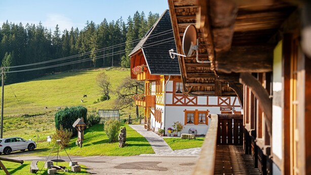 A traditional chalet with a sloped roof, wooden beams, and a balcony with flower baskets. - Holiday Apartment in Farmhouse with Event Room – 3 Apartments in One (Hornberg)