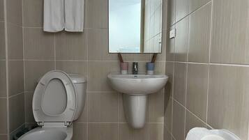 Shower, towels, shampoo, toilet paper