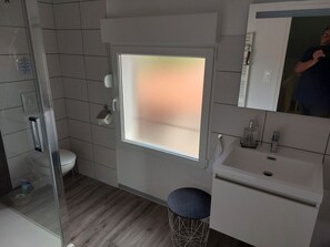 A modern bathroom with a toilet, sink, and glass shower enclosure.
