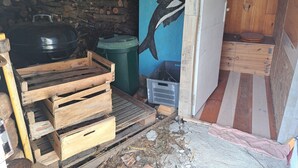 A rustic cabin interior with a stone wall, a wooden bench, a green trash bin, and a wooden crate. - Maison de Campagne Proche Monts D'ambazac et Limoges (La Jonchère-Saint-Maurice)