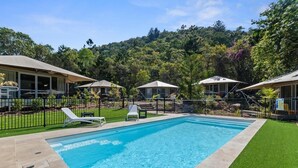 A swimming pool with lounge chairs and umbrellas, surrounded by a fence and greenery. - King tent 5 Nelly bay (Nelly Bay)