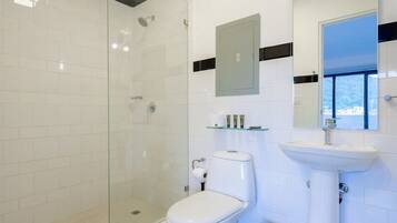 Chuveiro, secador de cabelo, toalhas de banho