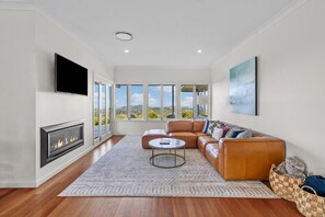 Smart-TV, Kamin, Bücher, Stereoanlage