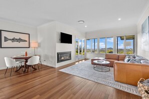 Smart-TV, Kamin, Bücher, Stereoanlage