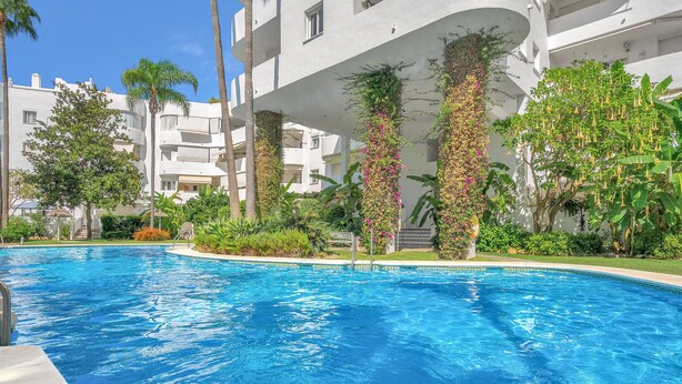 Une piscine entourée de verdure et un immeuble à plusieurs étages doté de balcons.