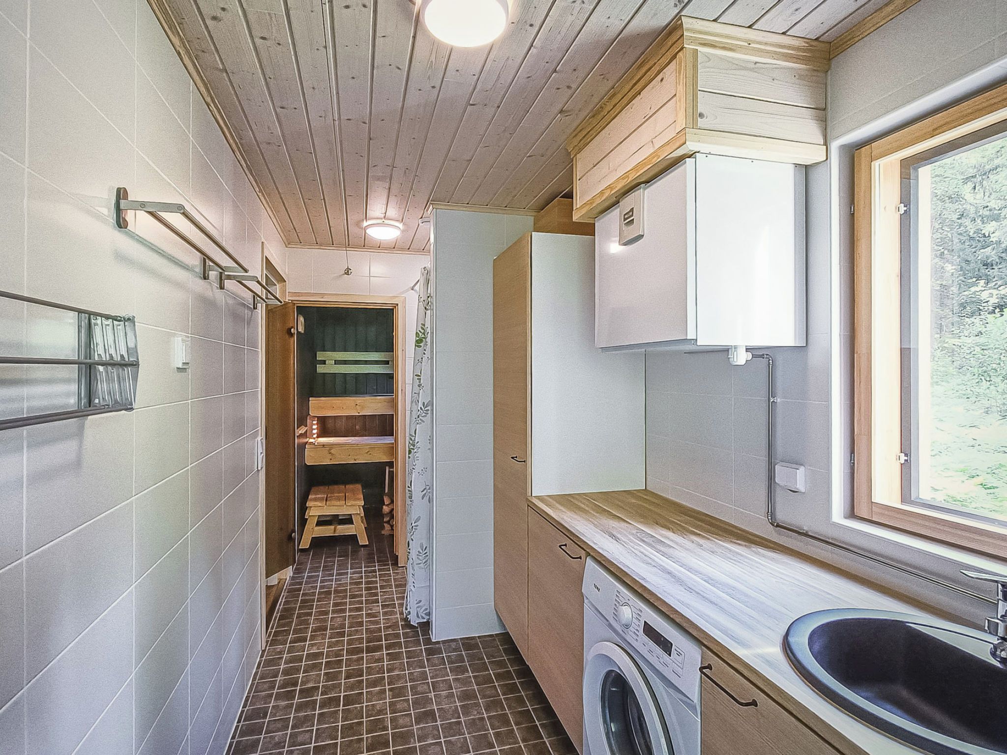 Cocina compacta con lavadora, un taburete pequeño y una ventana.