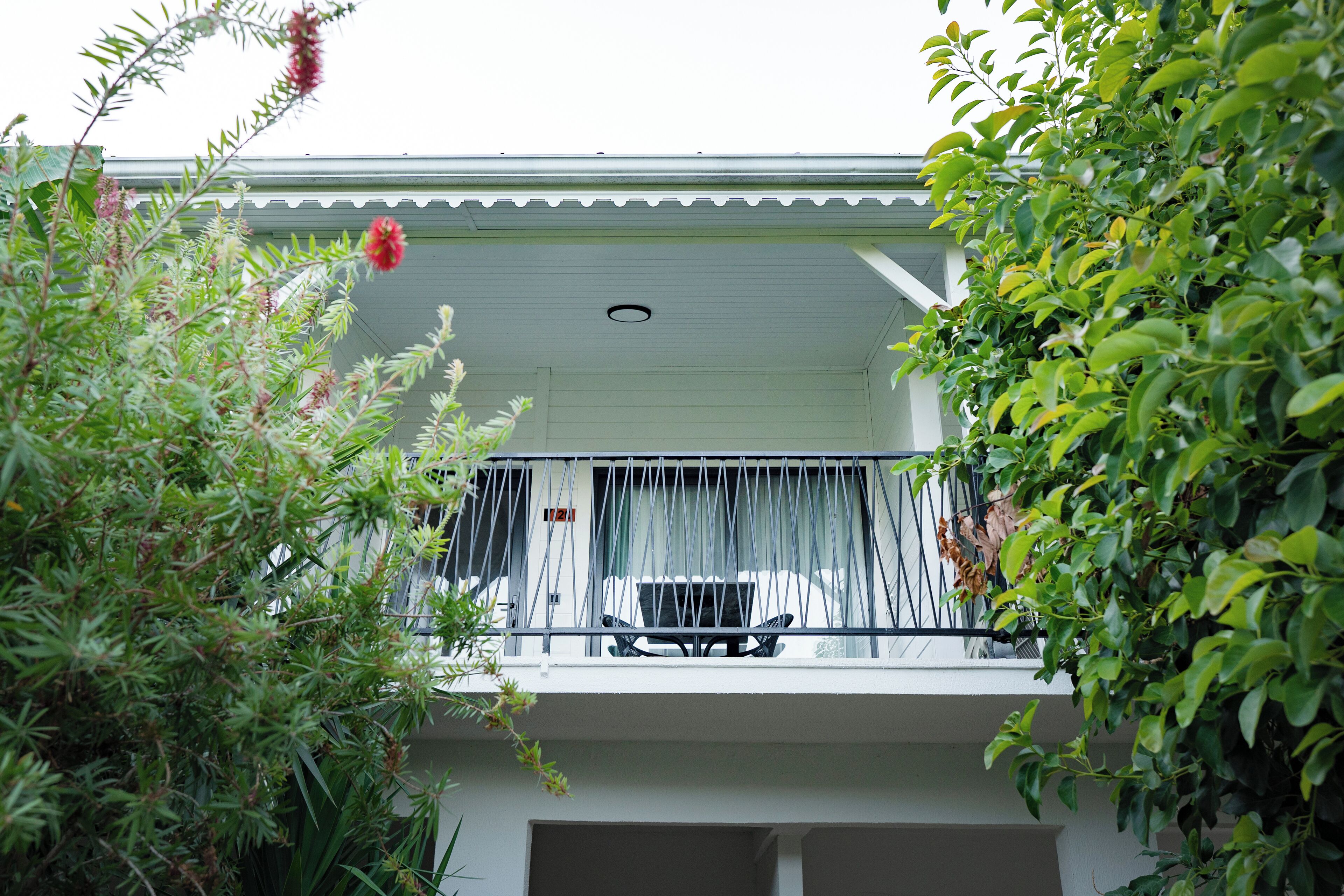 A balcony with a table and chairs, surrounded by dense foliage.