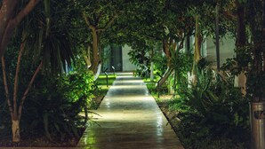 A pathway flanked by lush greenery and trees, leading to a building entrance. - Perast Garden Hotel (Kemer)
