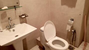 Habitación estándar con 1 cama matrimonial o 2 individuales | Baño | Regadera, toallas, jabón, papel de baño