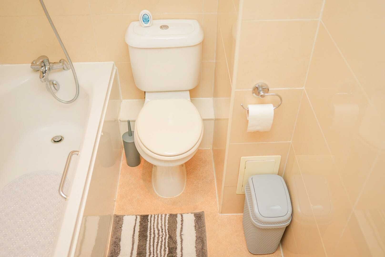 A bathroom with a toilet, bidet, and bathtub.