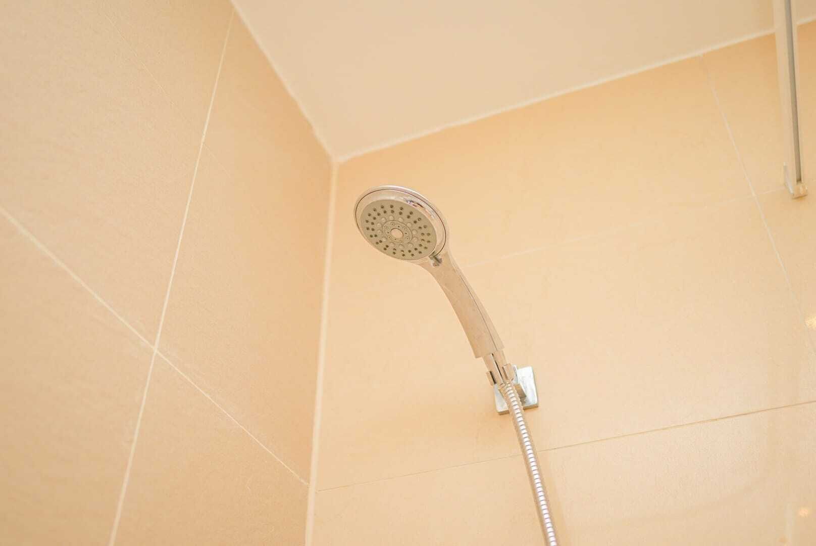 Un cabezal de ducha fijado en la pared con una manguera flexible.