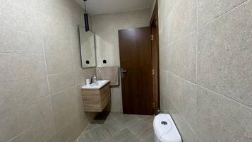 Shower, towels, soap, toilet paper