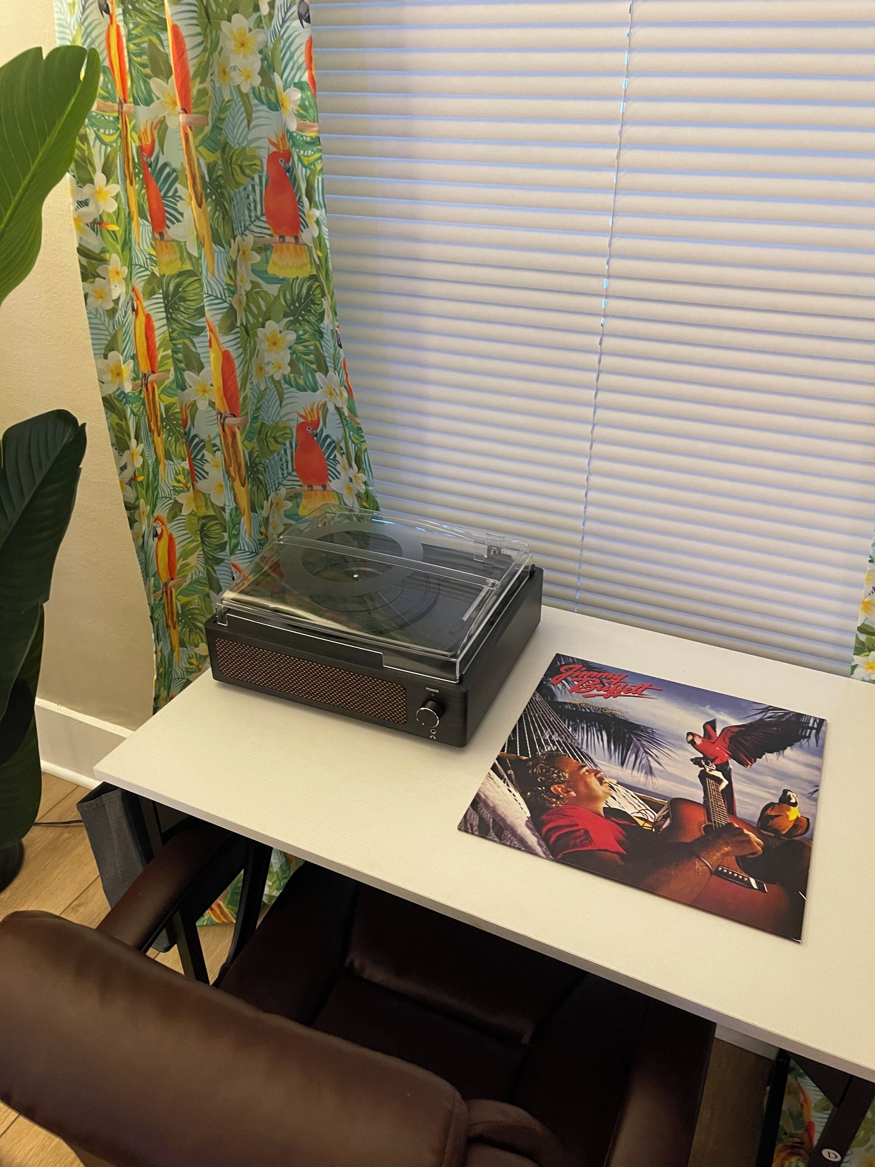 Una mesa con un radiodiscos y una funda de CD, una silla, una planta y una ventana con persianas.