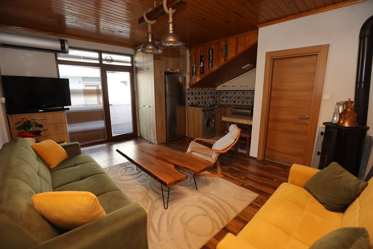 Una sala de estar moderna con sofá, sillón y una mesa de centro de madera. Cuenta con una zona de cocina con estufa, fregadero y armarios. Un televisor está montado en la pared, y hay una puerta corredera que da a otra habitación.
