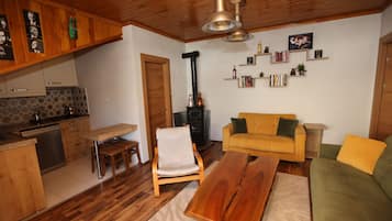 Uma sala de estar aconchegante com teto de madeira, um sofá, uma mesa de centro e uma lareira.