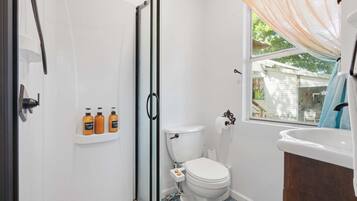 Shower, hair dryer, towels, shampoo