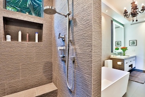 Shower, hair dryer, towels