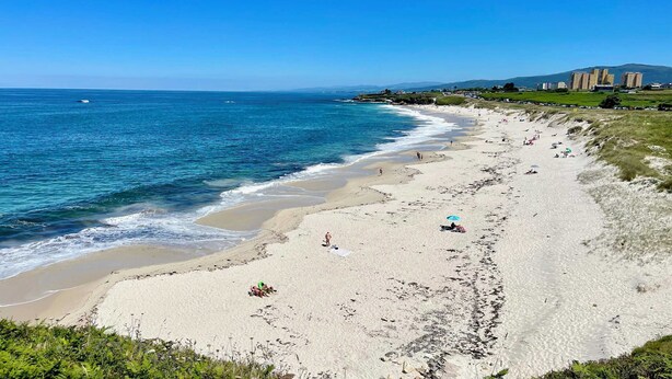 Une plage côtière offrant une vue dégagée sur l’océan, avec un rivage sablonneux et des bâtiments en arrière-plan.