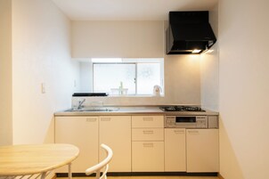 Una cocina compacta con ventana, estufa y lavavajillas.