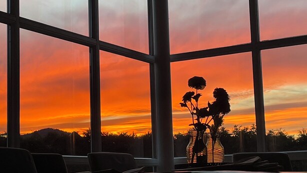 Une pièce avec de grandes fenêtres, une vue sur un coucher de soleil et un vase rempli de fleurs posé sur une table.