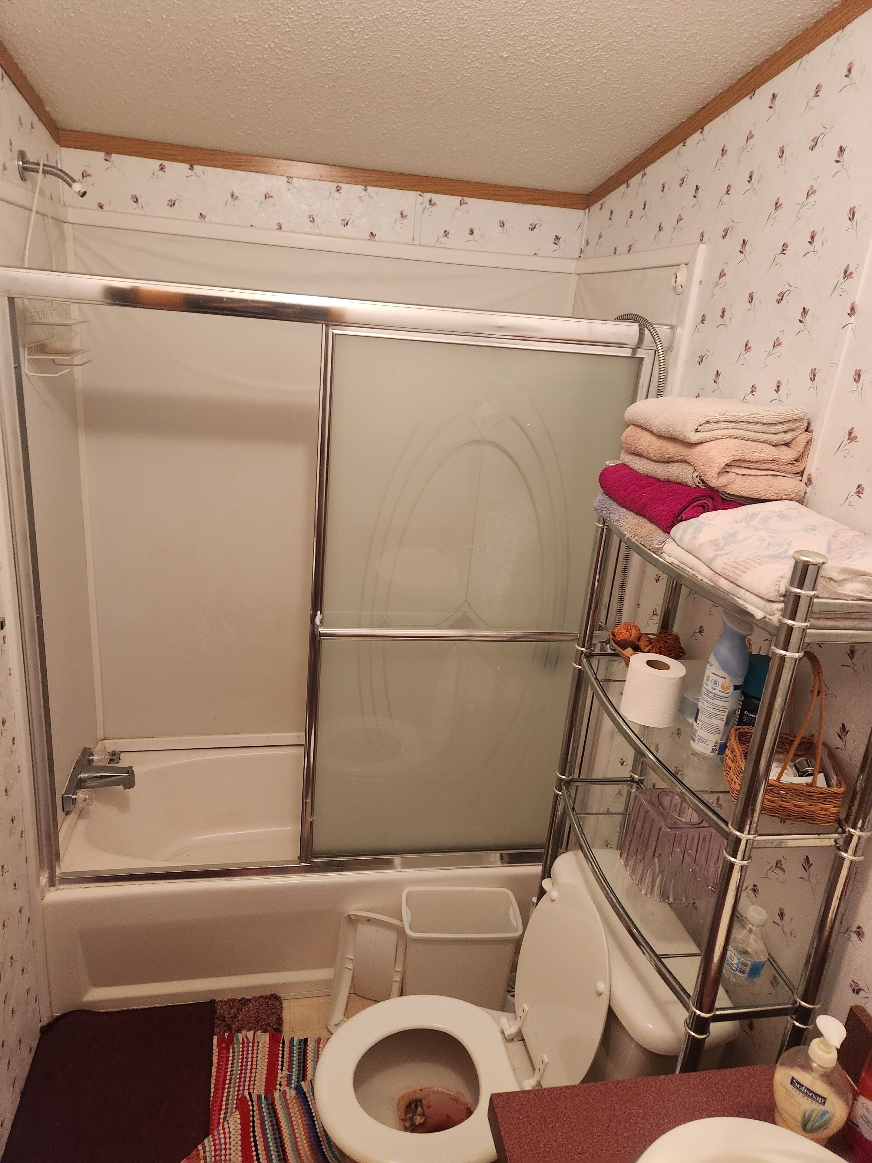 Un baño con ducha de vidrio, inodoro y estante con artículos de aseo.