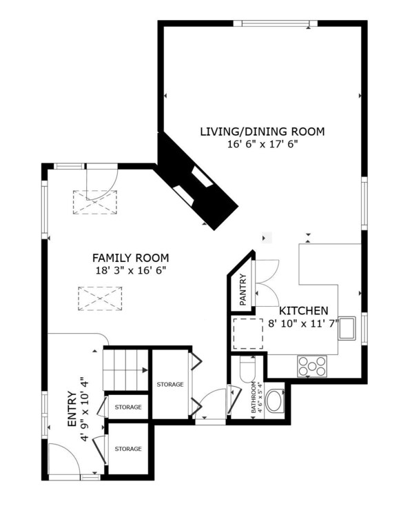 Egy ház alaprajza, amely tartalmaz egy nappali/étkező kombinációt (5,03 m x 5,33 m), egy családi szobát (5,56 m x 5,03 m), egy konyhát (2,69 m x 3,53 m), egy előteret (1,45 m x 3,15 m) és két tárolóhelyiséget.