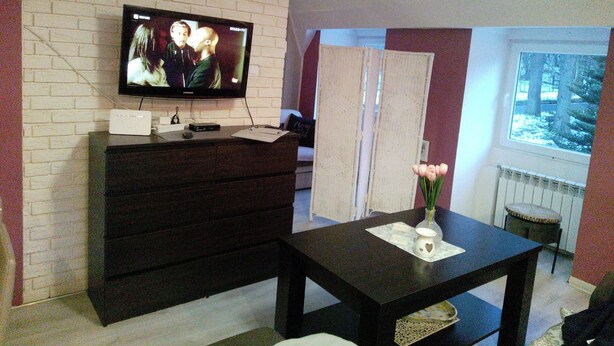 A living room with a TV mounted on a brick wall, a dark wooden dresser, a small table with a vase, and a window with a view of trees. - Beautiful, Quite and Modern Flat, Near the Nature and Railway Station (Karpacz)