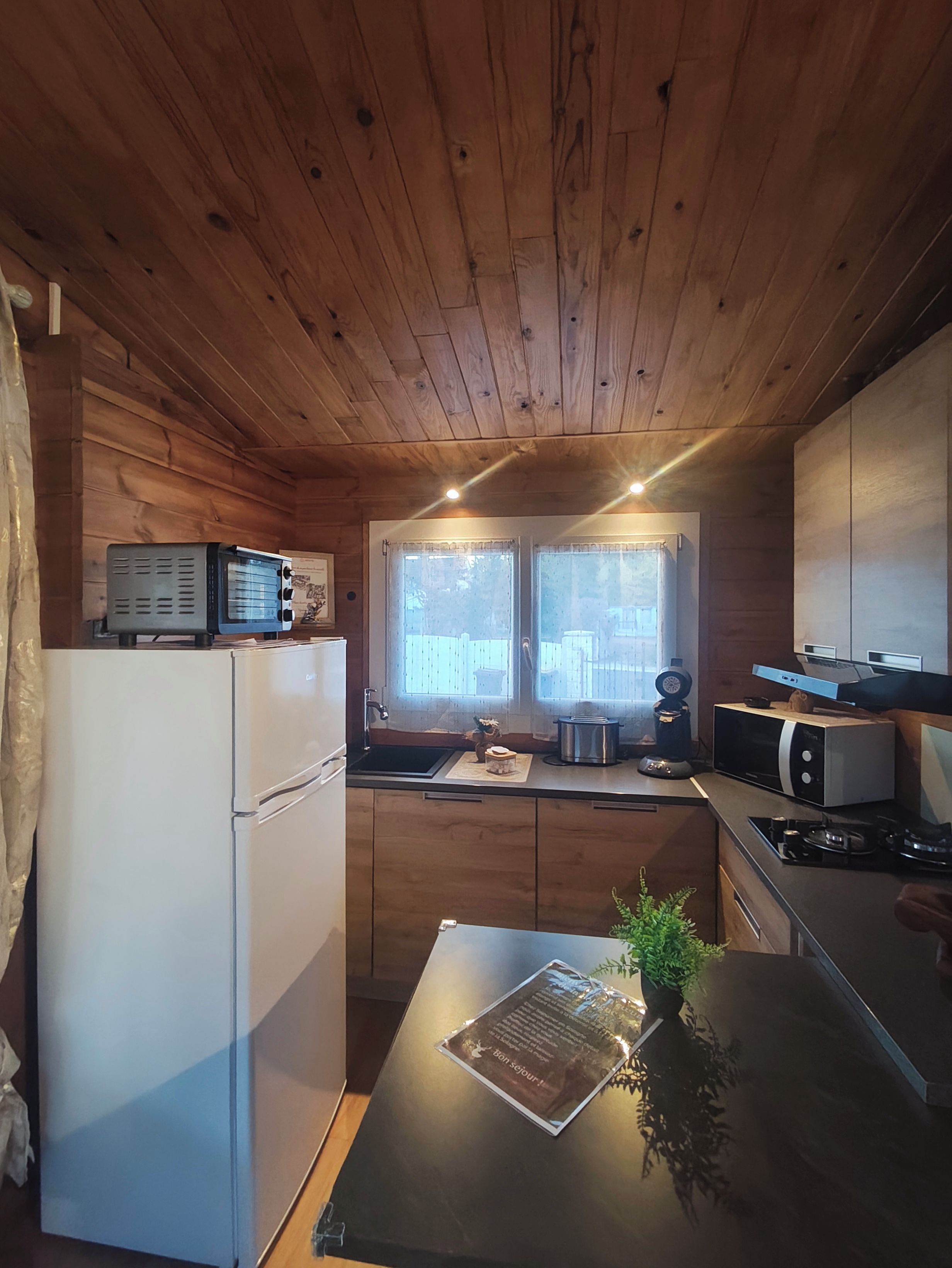 A compact kitchen with wooden walls, a refrigerator, a microwave, and a sink.