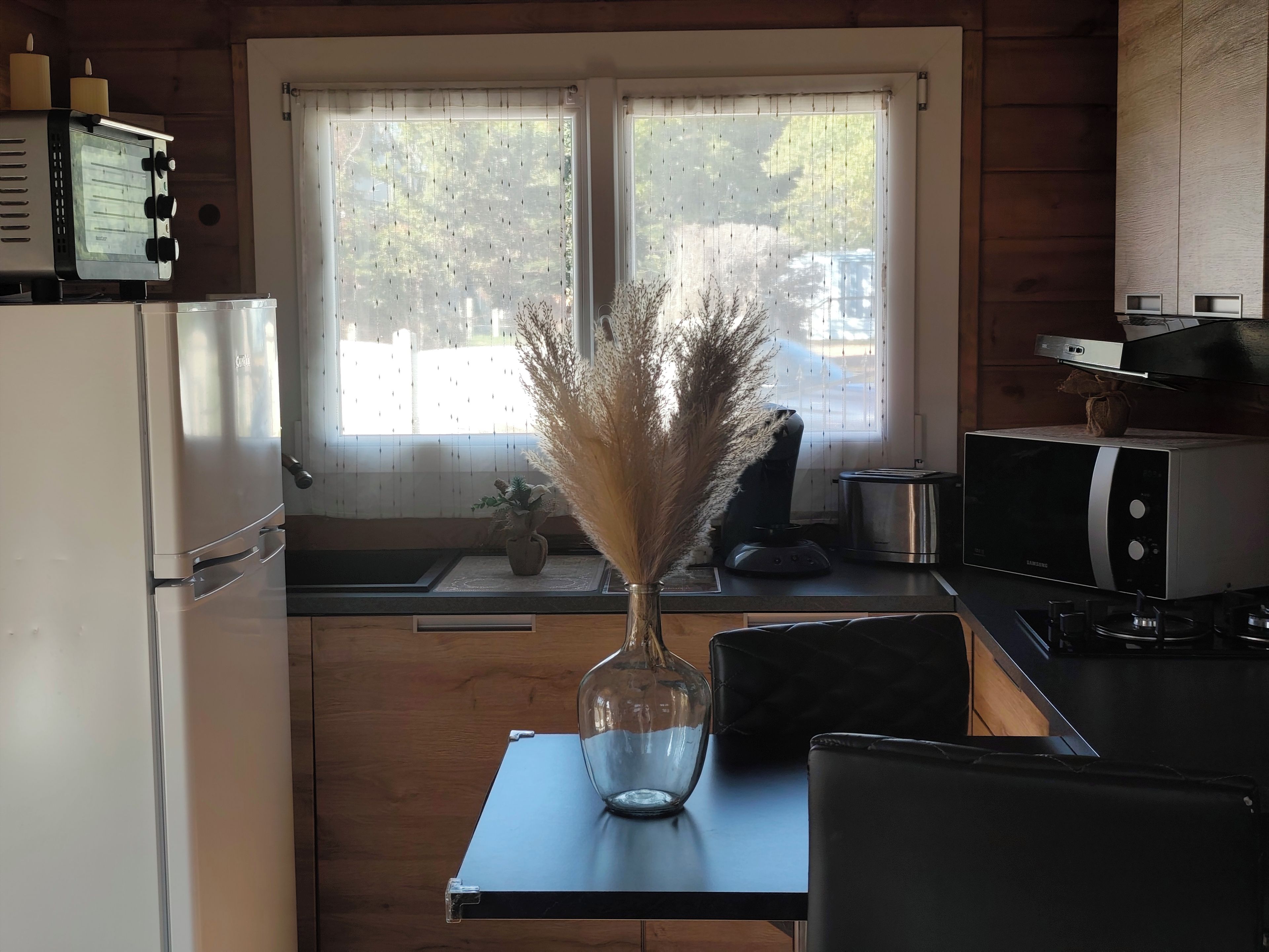 Une cuisine équipée d’un réfrigérateur, d’un four à micro-ondes, d’une cuisinière et d’une fenêtre donnant sur la forêt.