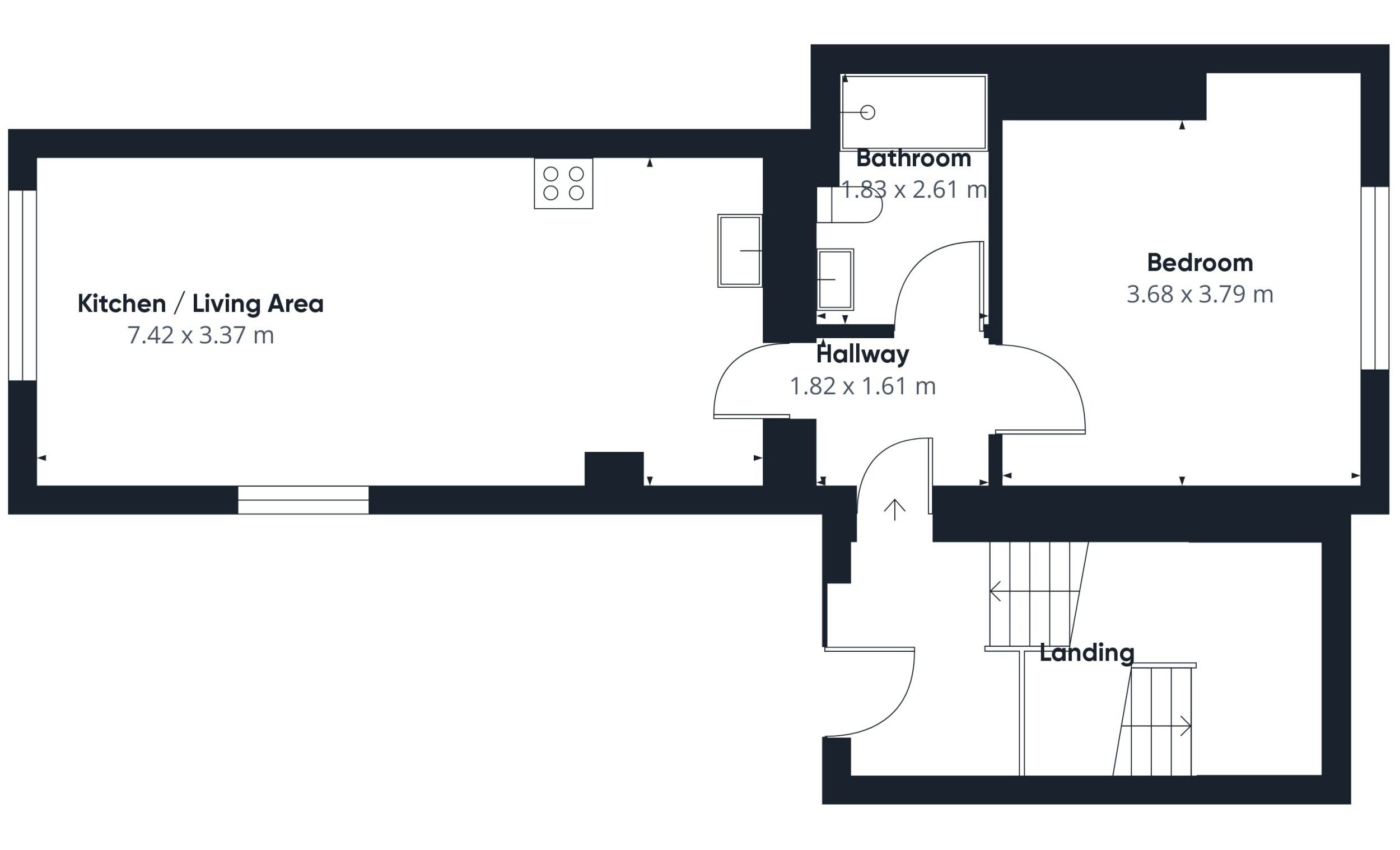 Un plan d’étage comprenant une cuisine/pièce à vivre (7,42 x 3,37 m), une salle de bain (1,83 x 2,61 m), une chambre (3,68 x 3,79 m) et un palier (1,82 x 1,61 m).