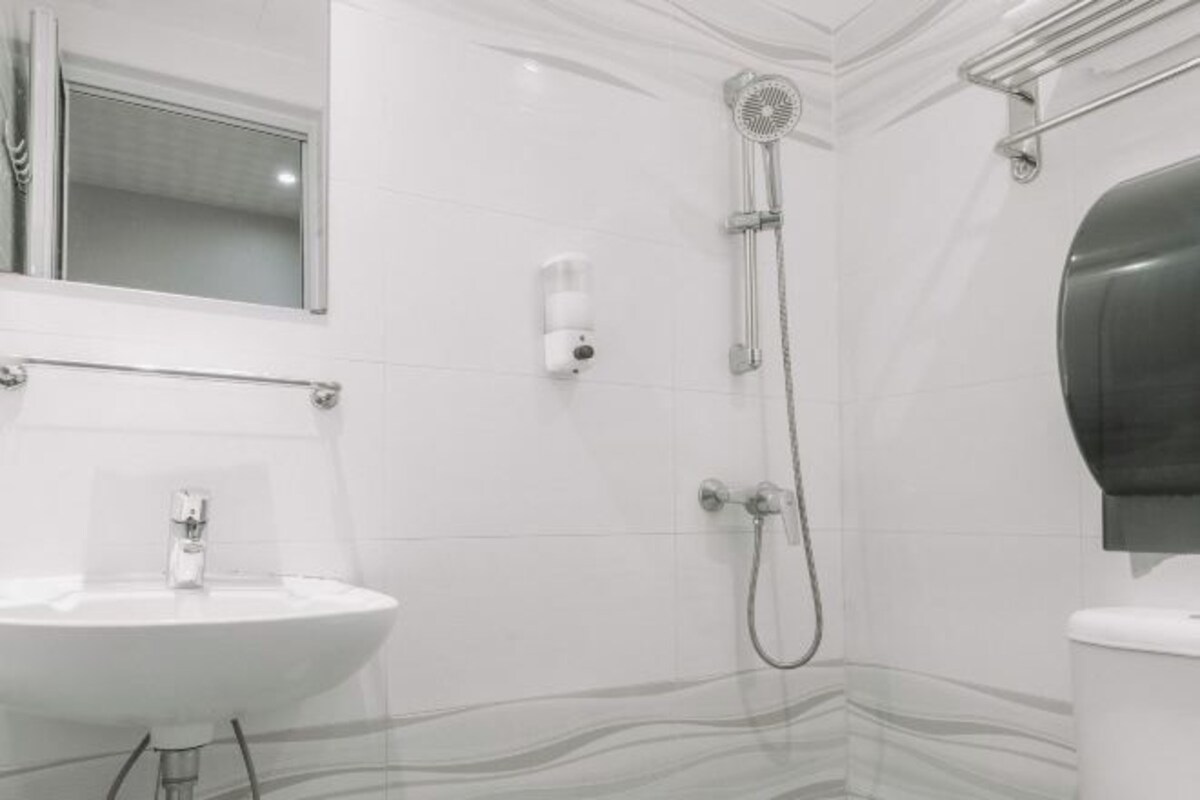 Un baño con lavamanos blanco, ducha de mano e inodoro.