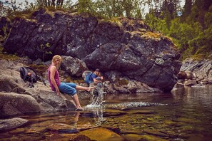 A person sitting on rocks by a clear stream, another person in the background, and a dog nearby. - Hindsæter Hotel (Vaga)