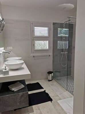 Hair dryer, towels, soap, shampoo