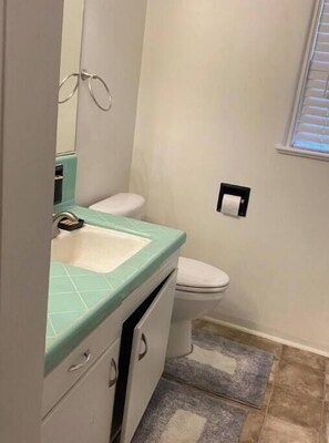 Hair dryer, towels, soap, shampoo