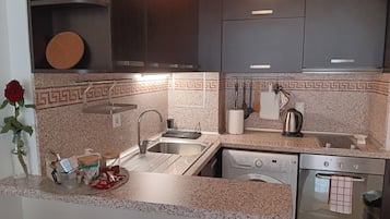 Fridge, oven, stovetop, coffee/tea maker